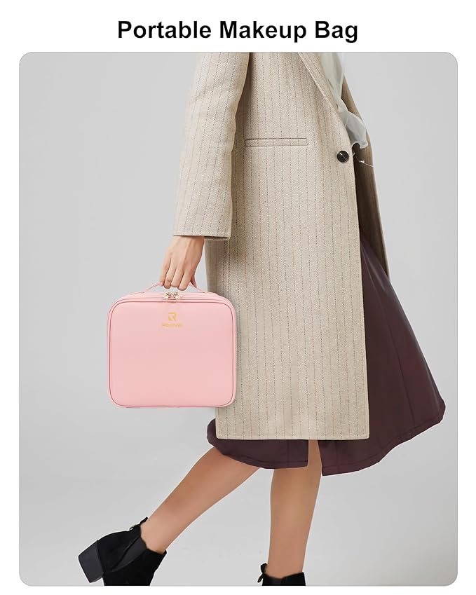 Relavel Makeup Bag with LED Mirror, Small Travel Makeup Case with Rechargeable Lighted Mirror 3 Color Lights, Double Layer Cosmetic Box Makeup Brush Lipstick Holder Organizer for Women, Pink