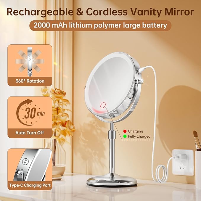 Gospire 7" Lighted Makeup Mirror with Magnification 10X/1X, Height Adjustable & 3 Color Dimmable Lights, 360° Swivel Double Sided Light up Rechargeable LED Cosmetic Vanity Cordless Standing Mirror