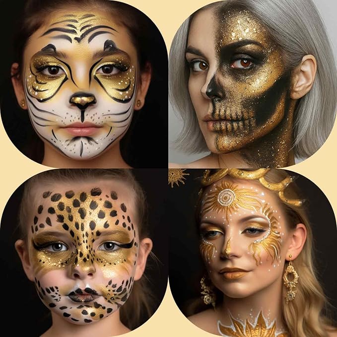 BOBISUKA Metallic Gold Face Body Paint, Water-Based Face Painting Kit & Body Paints, Facepaint for Adults Halloween Golden Masquerade Mask & Skull Special Effects Art Make-Up Costume Cosplay & Theater