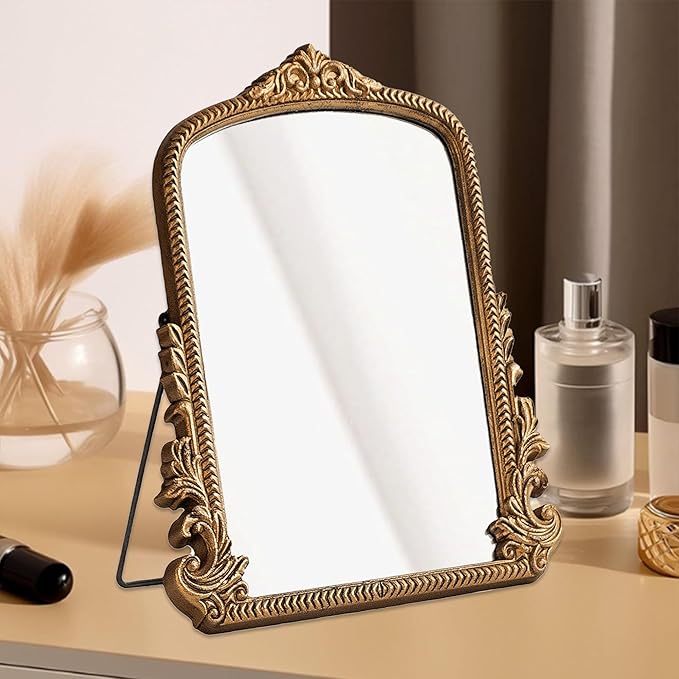 Small Gold Vintage Vanity Mirror, Antique Gold Wooden Framed Standing Tabletop Mirror, Traditional Chic Arch Makeup Mirror for Living Room, Bedroom, Bathroom, or Office Decor, 11.8" x 9.6"