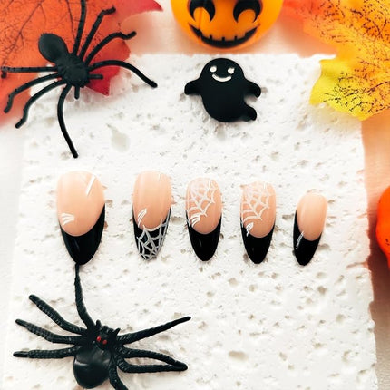 Almond Press on Nails Medium Length Black French Tip Halloween Fake Nails Full Cover Acrylic Nails Glue on Nails with Spider Web Design False Nails Glossy Stick on Nails for Women Girls 24 Pcs
