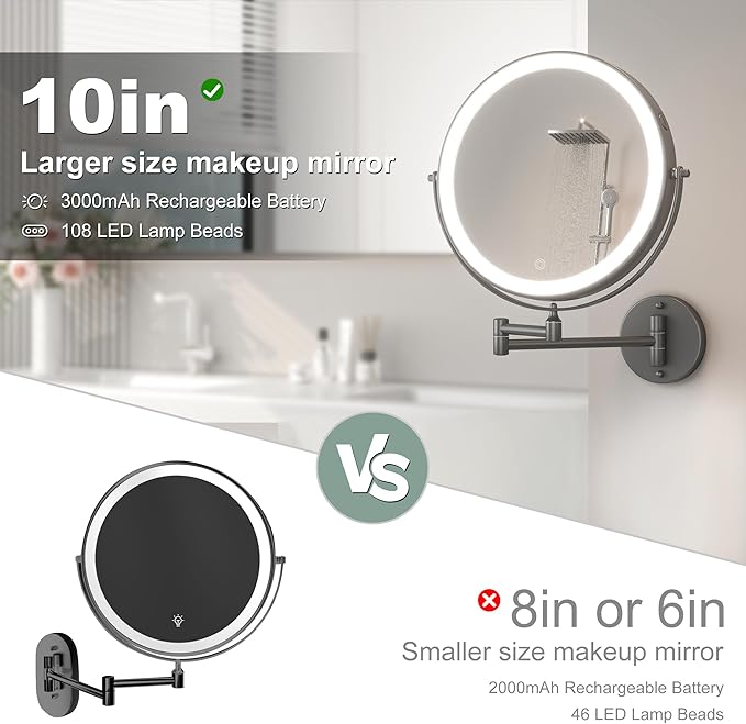 Hasipu 10-Inch Wall Mounted Makeup Mirror with Magnification, Rechargeable 3000 mAh Vanity Mirror with Lights, Bathroom Mirror with Dimmable Brightness, 3 Lighting Modes, Extendable Arm, Black