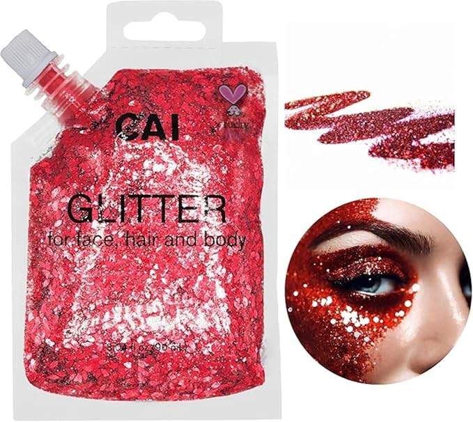 Face, Body & Hair Glitter Gel – Halloween Glitter for Kids and Women – 3 Oz Cosmetic-Grade Gel w/Moon & Stars for Festivals & Halloween Party, Easy Apply & Wash Off - Red/Silver 2Pack