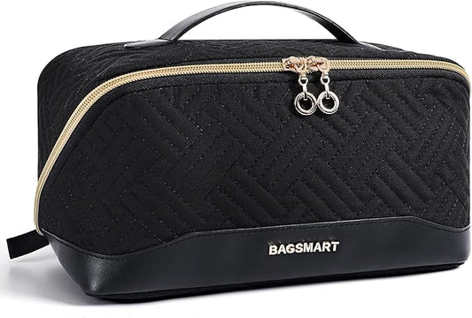 BAGSMART Makeup Bag Cosmetic Bag, Travel Makeup Bag,Water-resistent Makeup Bags for Women Portable Pouch Open Flat Make Up Organizer Bag for Toiletries, Brushes Black