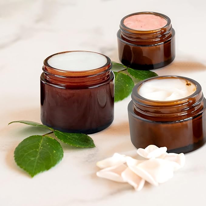 4 Oz Amber Round Glass Jars with Inner Liners and Black Lids(12PCS) Empty Cream Containers Refillable Cosmetic Vials for Cosmetics, Lotions, Ointment, Body Scrubs & Balms