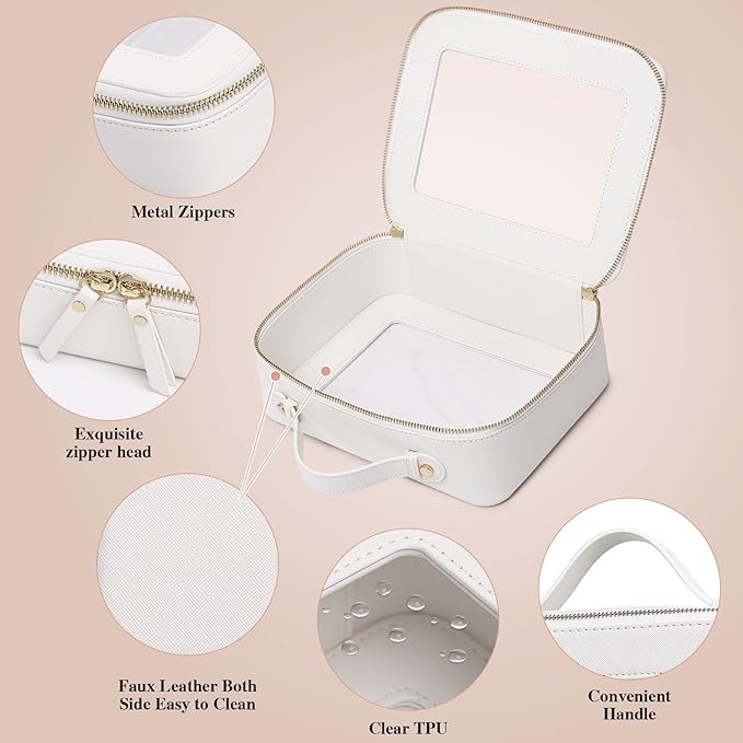 Pinkmik Clear Makeup Bag for Women Waterproof Travel Cosmetics and Toiletries Case Portable Makeup Oaganizer Bag Clear Car Bag with Zipper (White, M+L)