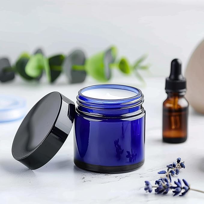 KEYWING 4oz Blue Glass Cosmetic Jars with Black Lids, 24 Pack Empty Small Glass Jars with Inner Liners for Cream, Lotion, Ointments, Powder