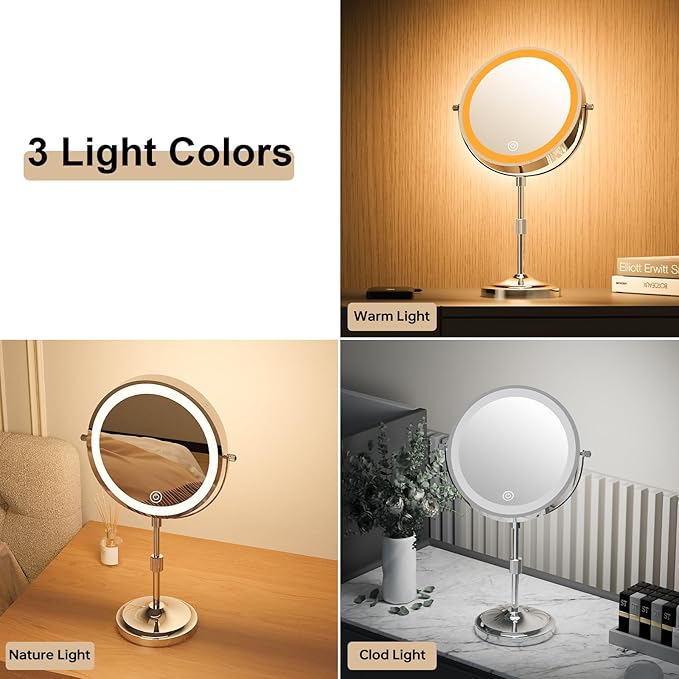 9" Magnifying Mirror with Lights 20X, Height Adjustable, Dimmable, Rechargeable, Chrome