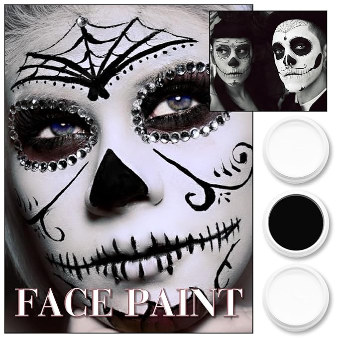 3-Piece Black White Face Paint Set (2 White, 1 Black) - 1.76 oz Each, Includes Sponge and Brushes, Professional SFX Makeup Kit for Halloween, Skeleton, Ghost, Skull Cosplay, Full Coverage Body Paints