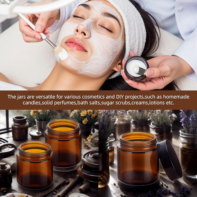 50Pcs 4 oz Glass Jars With Lids, Amber Small Containers With Inner Liners Whit&Premium Glossy Black Caps for Lotins,Powders,Ointments,4oz Sample&Candle Small Making