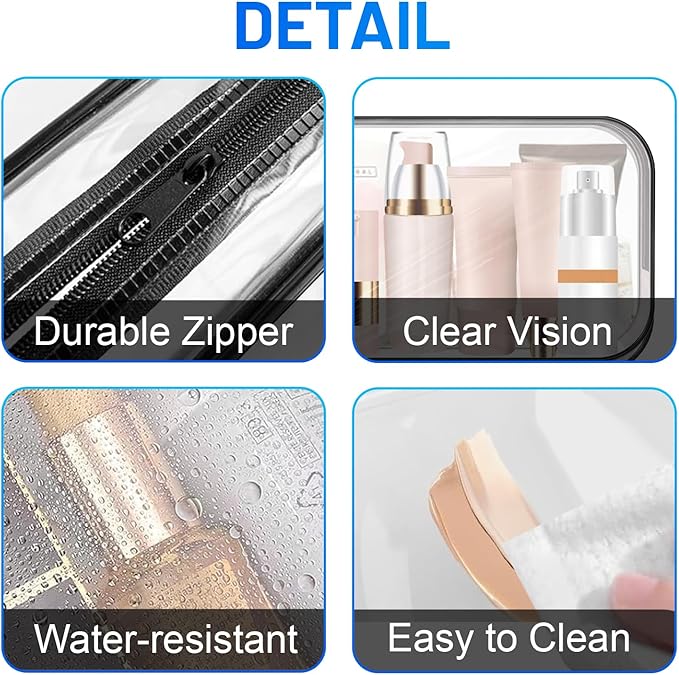 12 PCS Clear Makeup Bag for Women with Zipper, TSA Approved Toiletry Pouch, Cosmetic Bag Bulk for Travel Organizer Diaper, Toy, Gift (Black)