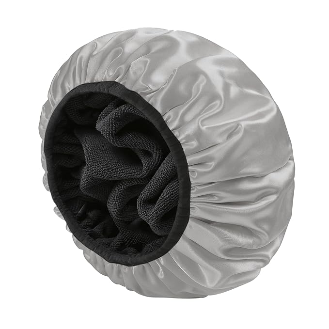 YIZIJIZI Triple Layer Reusable Waterproof Shower Cap for Women Large Terry Lined Hair Cap for Long Thick Hair Travel Bath Care Grey