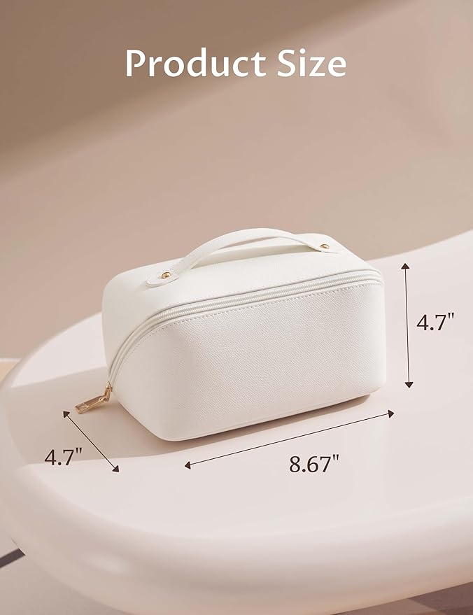 Yarnic White Travel Makeup Bag Cosmetic Bag Make Up Pouch, Large Capacity Toiletry Bag for Women, Portable Pouch Cute Make Up Organizer with Divider and Handle, PU Leather