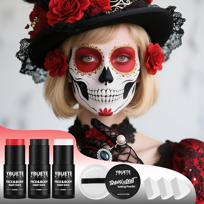 Black White Red Face Body Paint Stick Set with Translucent Setting Powder and Sponges, Professional Full Coverage Face Painting for Adults Halloween Cosplay SFX Spiderman Joker Devil Makeup
