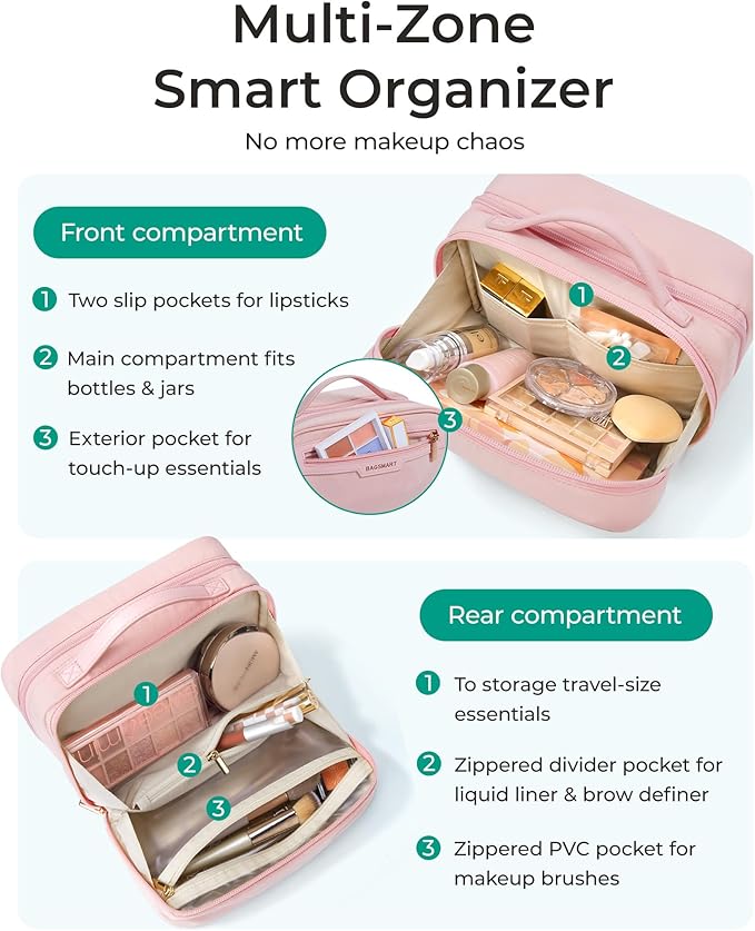 BAGSMART Travel Makeup Bag, Make Up Bag with Multiple Compartments for Organizer, Compact & Durable Cosmetic Organizer for Women for Travel Accessories (Pink