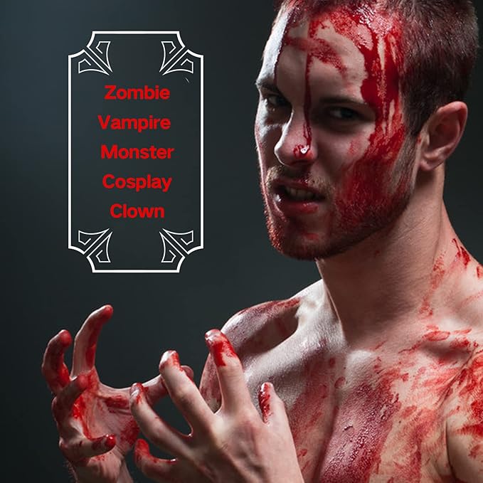 4PCS Fake Blood Makeup Kit, Washable Fake Blood Spray 2.1oz, Dripping Blood 2.1oz, Coagulated Blood 1.06oz and One Stipple Sponge, Halloween SFX Makeup for Zombie,Vampire and Monster Cosplay
