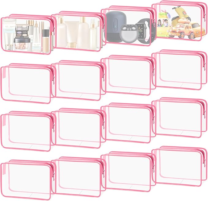 16-Piece Makeup Bags, Waterproof Toiletry Bag Carry Pouch Portable Cosmetic Bag PVCTravel Clear Pouches Carry-on Travel Essentials Transparent Storage Organizer Bag (Rose Pink-M)