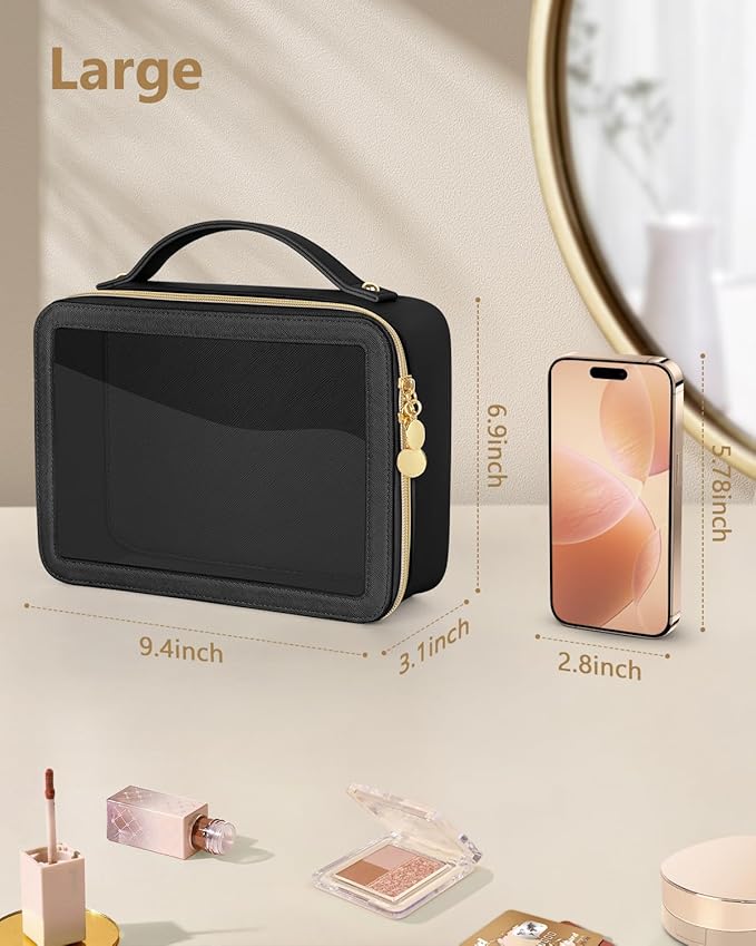 Clear Makeup Bag, Portable Travel Cosmetic Bags, Multipurpose Leather Toiletry Bag with Zipper, Waterproof Transparent Cosmetic Organizer for Women, Large, Black