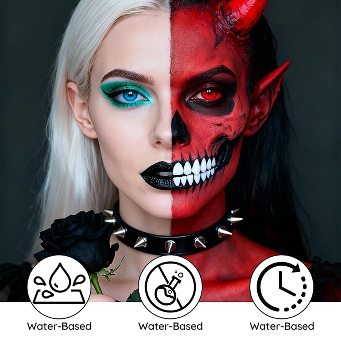 Black White Red Face Paint - Water-Based Non-Toxic Face Body Paint Kit for Demon and Spider-Inspired , Full Coverage Washable Formula for Halloween Cosplay, Costume Parties, Sports Events