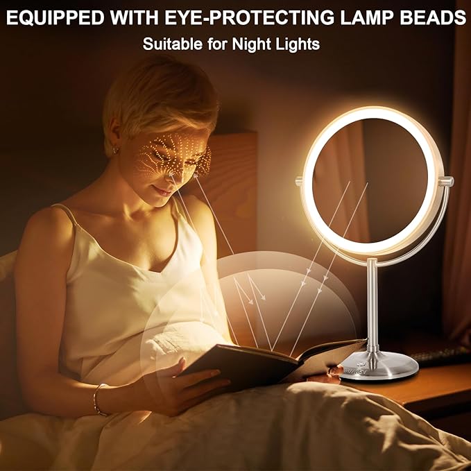 VESAUR 1X15X HD Lighted Makeup Mirror, 9" Large 5000mAh Rechargeable Double Sided Magnifying Mirror with 3 Touch Dimmable Light, 360°Rotation Detachable for Travel Vanity Mirror, Pearl Nickel, Gifts