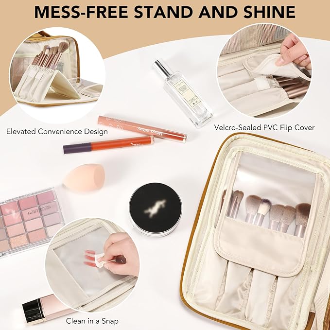 Travel Makeup Bag Women's Large Capacity Cosmetic Portable Organizer Large Opening Waterproof Storage Toiletry Bags Vertical Free-Standing Brush Holder for Easy Access Orange