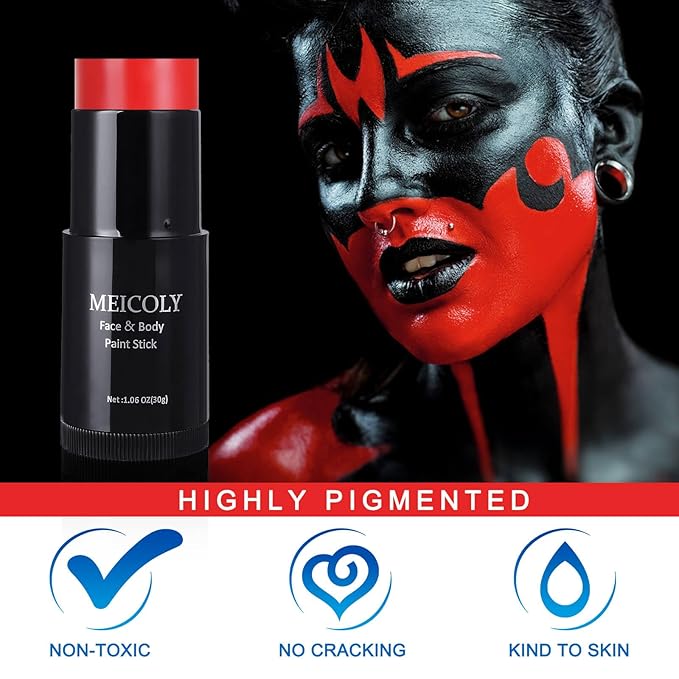 MEICOLY Devil Red Face Body Paint Stick (1.06 Oz),Sweatproof Waterproof Face Piant for Clown Joker Demon Vampire Spiderman Halloween Makeup,Cream Blendable Full Body Paint,Red Eye Black Stick