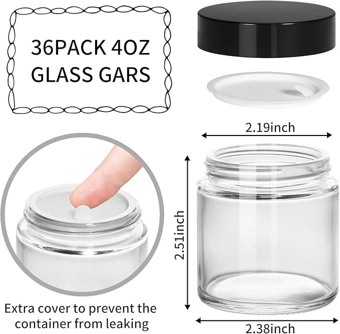 KEYWING 4oz Clear Glass Jars, 36 Pack Round Small Glass Jar with Black Lids Empty Cosmetic Containers with Inner Liners for Lotions, Powders, Cream and Ointments