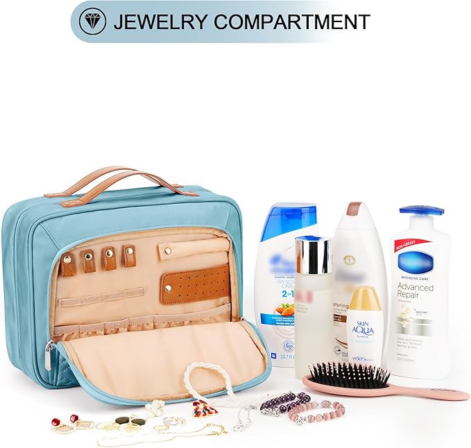 Travel Hanging Toiletry Bag for Women, Cruise Ship Essentials, with Jewelry Organizer, Extra Large Makeup Dopp Kit, Waterproof Cosmetic Bags, Toiletries Kit Set with Trolley Belt, Sky Blue