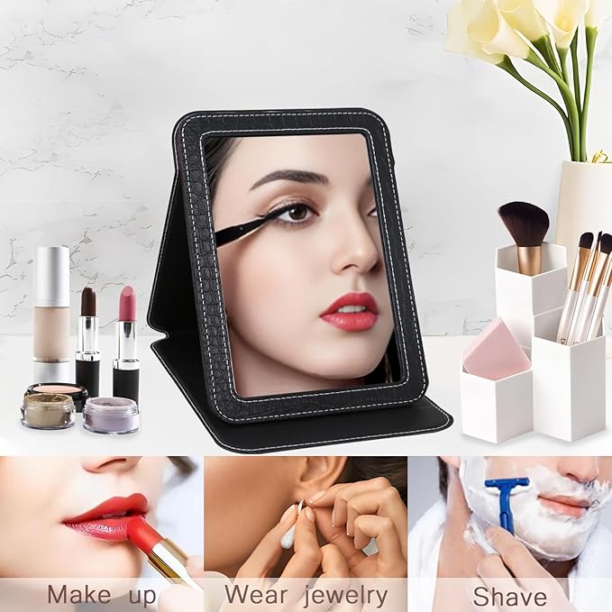 Black Foldable Desk Mirror, 6.5×8.9” Adjustable Angle Rounded Rectangle PU Edge Covering Travel Mirror with Stand (LBlack)