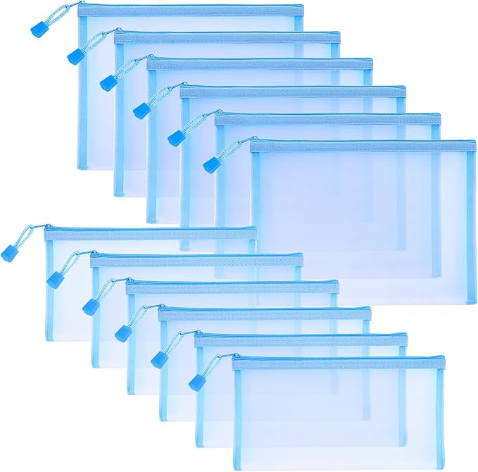 12 Pieces Zipper Nylon Mesh Pouch, Mesh Cosmetic Bags Makeup Bags Pencil Case, Multipurpose Travel Bags for Cosmetic School Office Supplies and Travel Accessories (Sky Blue, A5+B6)