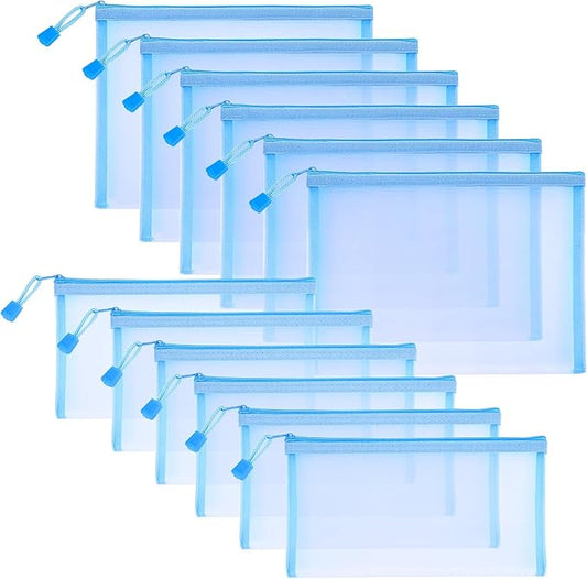12 Pieces Zipper Nylon Mesh Pouch, Mesh Cosmetic Bags Makeup Bags Pencil Case, Multipurpose Travel Bags for Cosmetic School Office Supplies and Travel Accessories (Sky Blue, A5+B6)