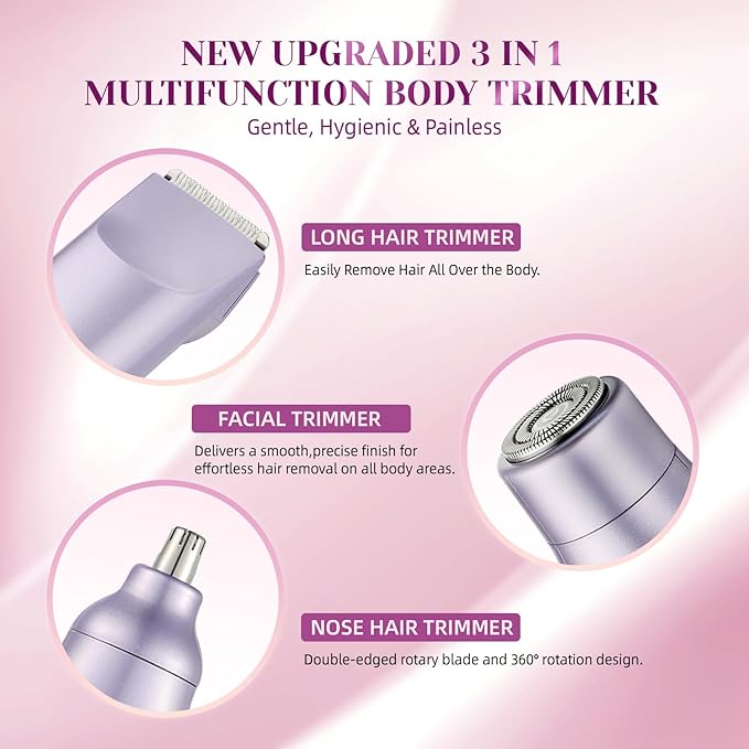 Bikini Trimmer for Women，3 in 1 Electric Razor with Ceramic Blades, IPX7 Waterproof, USB Rechargeable, Painless Hair Removal for Face，Body，Bikini Area, Travel Grooming Kit (Purple)