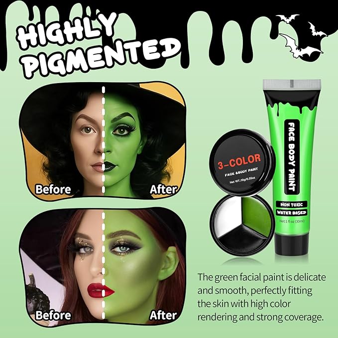 AIUEO 7PCS Green Face Paint with Fake Nose White Black Face Body Paint, Halloween Makeup Kit for Witch Monster Hulk SFX Makeup Cosplay Party