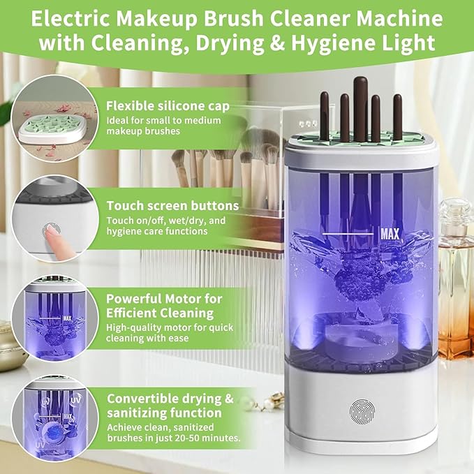 Electric Makeup Brush Cleaner - 9000 RPM Makeup Brush Cleaning Machine with Dry Function - IP65 Waterproof Automatic Makeup Brush Cleaner for Makeup Sponges and Brushes Cosmetic Brush Cleaner Plug-in