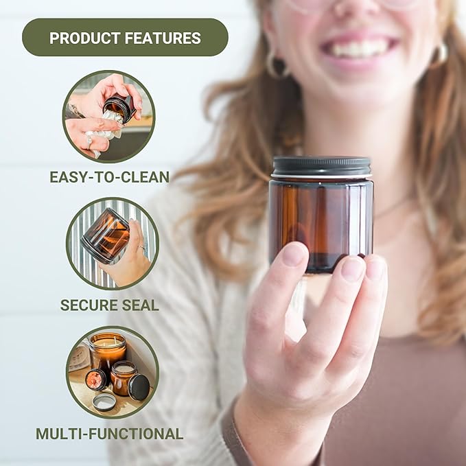 Glass Amber 4oz Jar - 12 Packs, Empty Round Jars For Beauty Products, Lotion, and Powders - Black Lid - Small Candle Jars