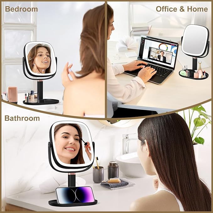Mocado Makeup Mirror with Lights, 1X/20X Magnifying Mirror with Light, Vanity Mirror with 3 Colors Lights, Height Adjustable Lighted Makeup Mirror, Double Sided 360°Rotation, Memory Function (Black)