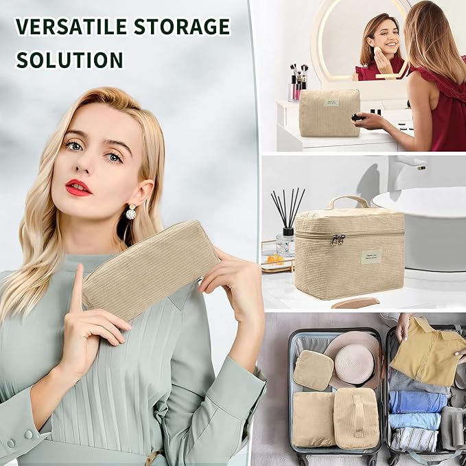 4 Pcs Makeup Bag for Women Corduroy Cosmetic Bag Aesthetic Cute Bags Multi Size Purse Pouch Travel Toiletry Bag Set Makeup Organizer with Zipper (06-Yellow)