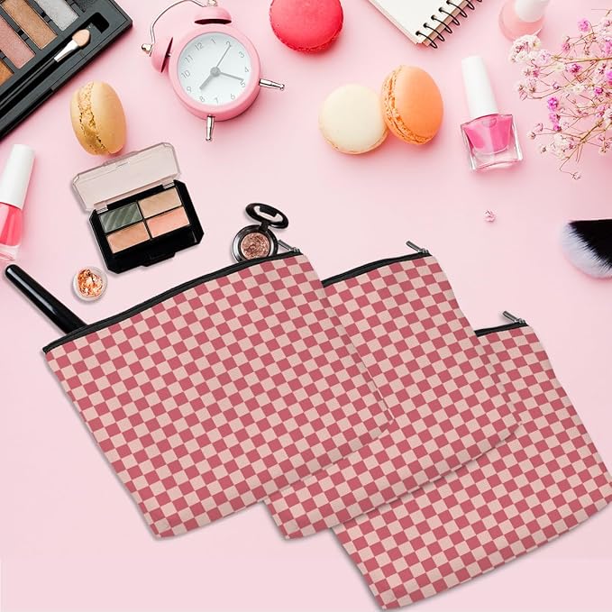 6 Pcs Checkered Makeup Bags Make up Bag Cosmetic Bags for Women Girls Employee Bridesmaid Friendship Christmas Birthday Travel Toiletry Bag Aesthetic Zipper Organizer Accessories, Cute Pink Plaid