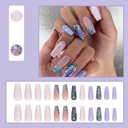 RUOKEXIN Long Coffin Press on Nails Glitter Full Cover Glue on Nails Sparkly Fake Nails Long Coffin Nail Press ons Acrylic Artificial Nails Cute Stick on Nails for Women 24Pcs