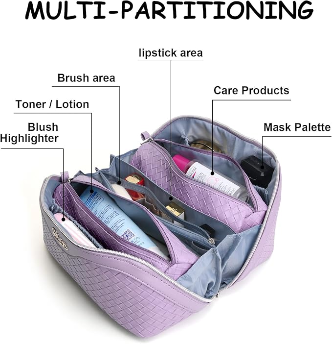 BOYATU Travel Makeup Bags for Women: Vegan Leather Cosmetic Bag Set of 3 - Large Capacity Make up Bag with Divider - Wide Open Waterproof Toiletry Organizer Bag with Handle (L13-Purple)