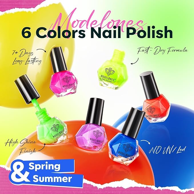modelones Nail Polish, 6 Colors Summer Neon Blue Green Purple Rose Orange Yellow Quick Dry Mini Starter Kit, Long Lasting Art DIY Manicure Set at Home for Women Girls