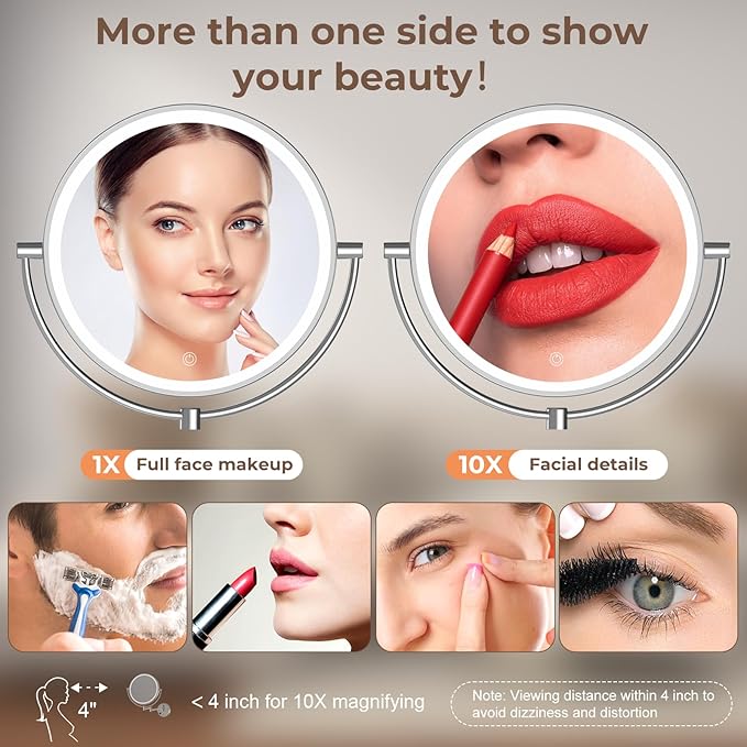 Rocollos 9" Plug-in Wall Mounted Lighted Makeup Mirror 1X/10X Magnification, Super Large Double Sided LED Vanity Mirror for Bathroom, 3 Color Dimmable 360°Swivel Extendable Shaving Cosmetic Mirror