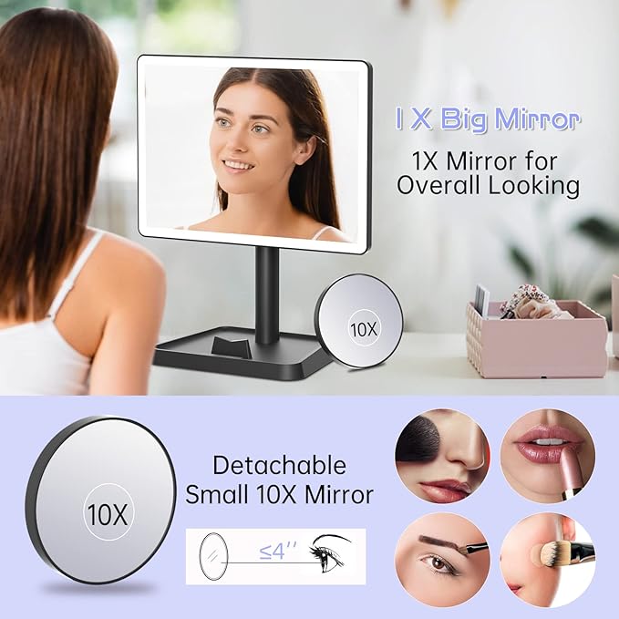 FUNTOUCH Rechargeable Makeup Vanity Mirror with Lights, Large Lighted Desk Makeup Mirror with 96 LED Lights and 10x Magnifying, 3 Color Lighting, Make up Light Mirror with Phone Holder