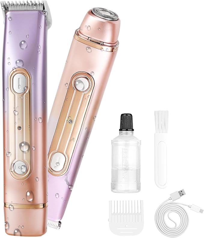 WNJ 2 in 1 Women Electric Shaver - Dual Head Bikini Trimmer - IPX7 Waterproof - Wet & Dry Use - Body Hair Trimmer and Facial Hair Remover for Bikini, Underarm Leg, Private Area, Arm, Body, Face