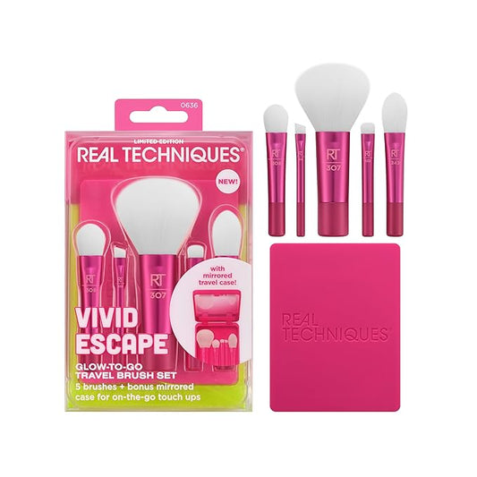 Real Techniques Vivid Escape Glow-To-Go Travel Makeup Brush 6 Piece Set, Mini Size Makeup Brushes For Eyeshadow, Concealer, Contour, & Blush, Includes Mirror Cosmetic Case, Cruelty-Free & Vegan