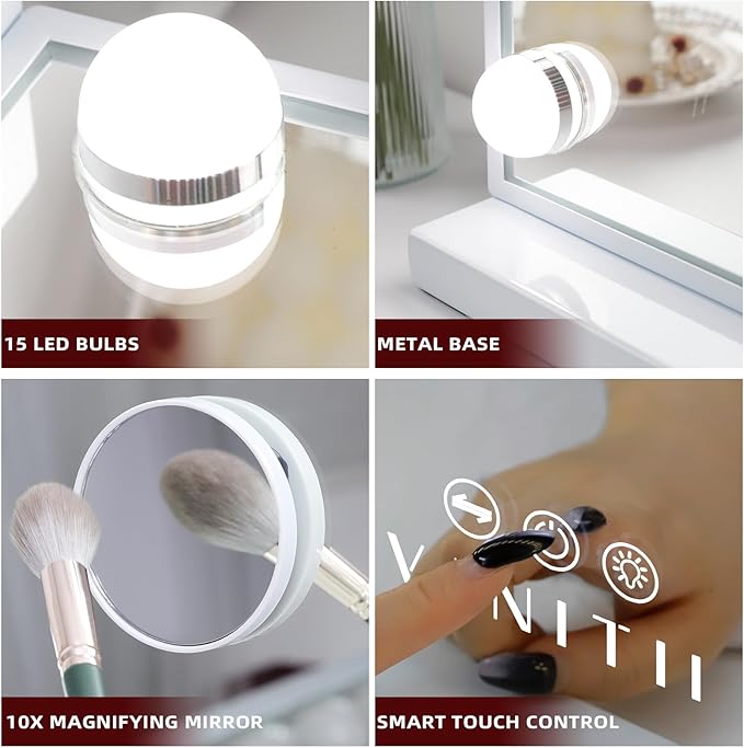 VANITII Hollywood Vanity Mirror with Lights USB Charging 22.8”*18.1” Lighted Makeup Mirror with 15 LED Bulbs Dimmable 3 Modes Tabletop for Cosmetic