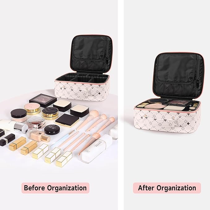 Travel Makeup Bag,Waterproof Cosmetic Organizer, Adjustable Dividers,Portability Cosmetic Train Case,Makeup organizer,Gift for Women,Girls Gift (Beige+Pink)