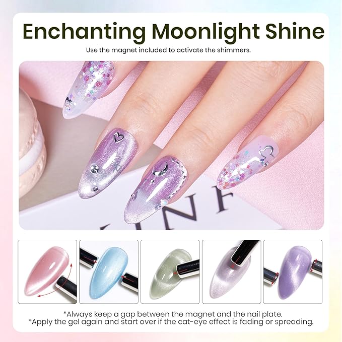 Beetles Cat Eye Gel Nail Polish Set, 6 Colors Jelly Pink Translucent Pastel Blue Purple Orange Green Glass Cat Eye Sheer Gel Polish Kit Soak Off UV Lucite Collection Manicure Gifts for Women