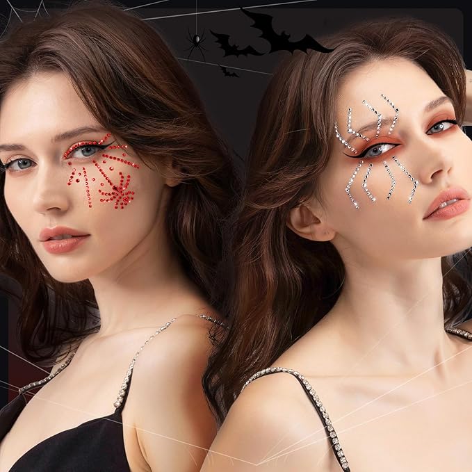 YGDZ Face Gems for Women, Halloween Face Jewels Stickers, 4 Color (Red, Black, Purple, Silver) Spider Web Rhinestones for Face Makeup, Rave Accessories
