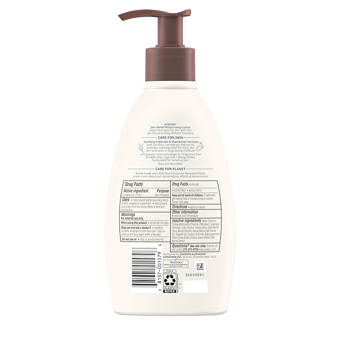 Aveeno Skin Relief Moisturizing Lotion for Very Dry, Itchy Skin with Soothing Triple Oat & Shea Butter Formula, Fragrance Free, 12 Fl. Oz